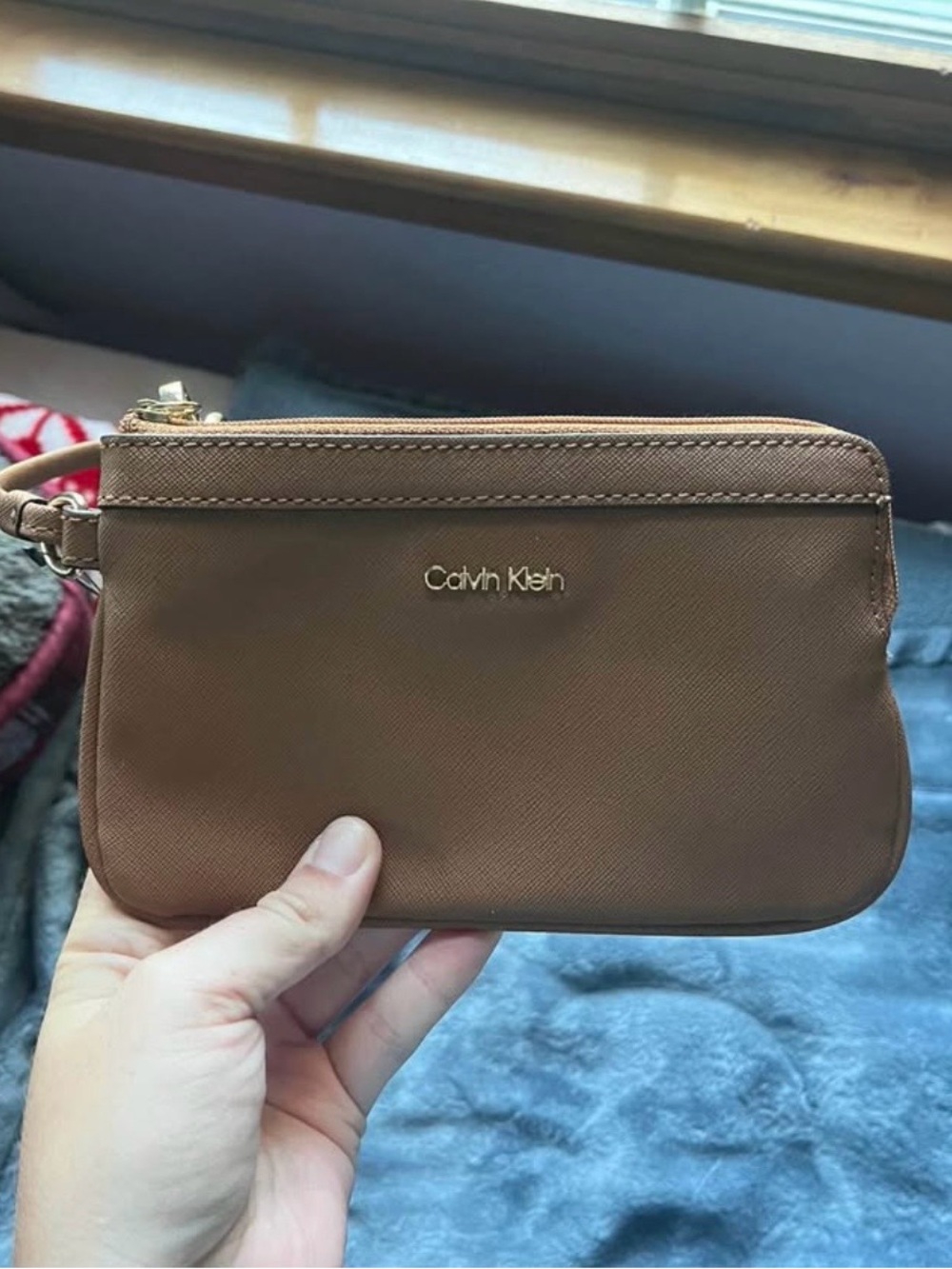 Calvin Klein Tan Brown Wristlet with Gold Logo